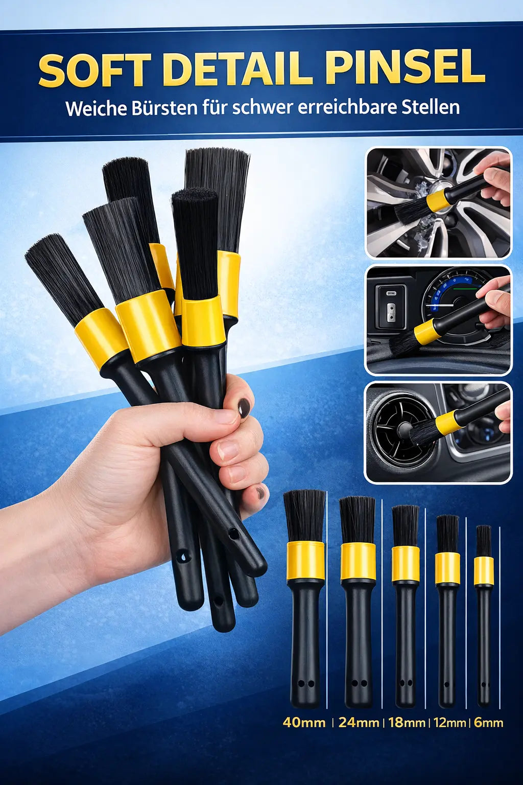 Auto Detailing Bürsten Set für Autopflege zur Reinigung von Felgen Lüftung und Innenraum