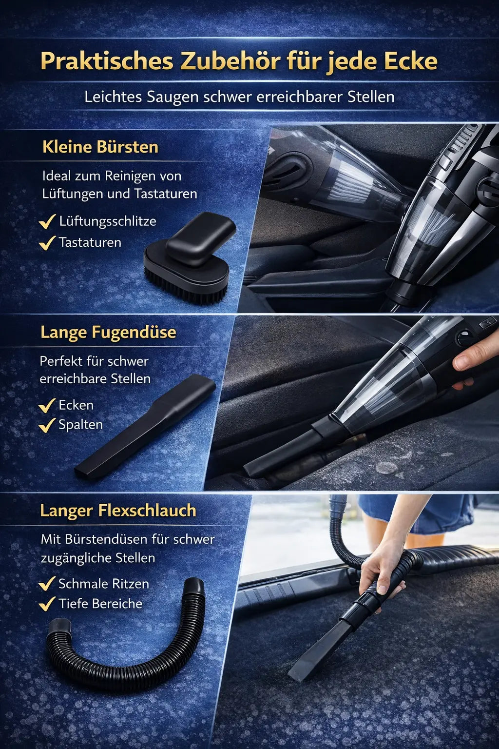 Kabelloser Auto Handstaubsauger mit Fugendüse Bürste und Flexschlauch für Auto Innenreinigung