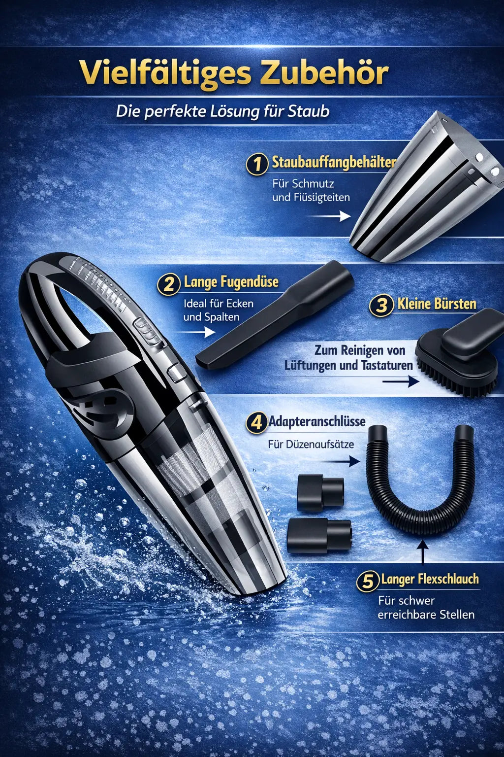 Kabelloser Auto Handstaubsauger mit Zubehör Set für Auto Innenreinigung