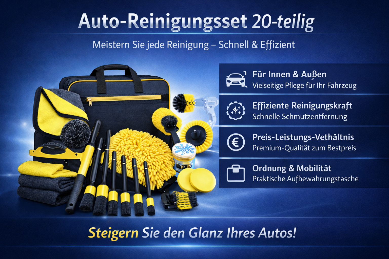 Auto Reinigungsset für Autopflege im Innenraum mit Bürsten und Mikrofasertüchern