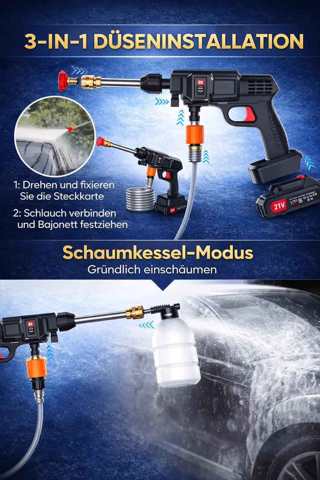 Kabelloser Hochdruckreiniger Düse Installation und Schaum Modus für Auto Reinigung