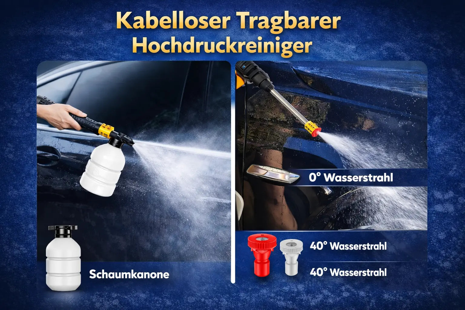 Kabelloser Hochdruckreiniger zum Auto Waschen mit Schaumkanone und verschiedenen Wasserstrahlen